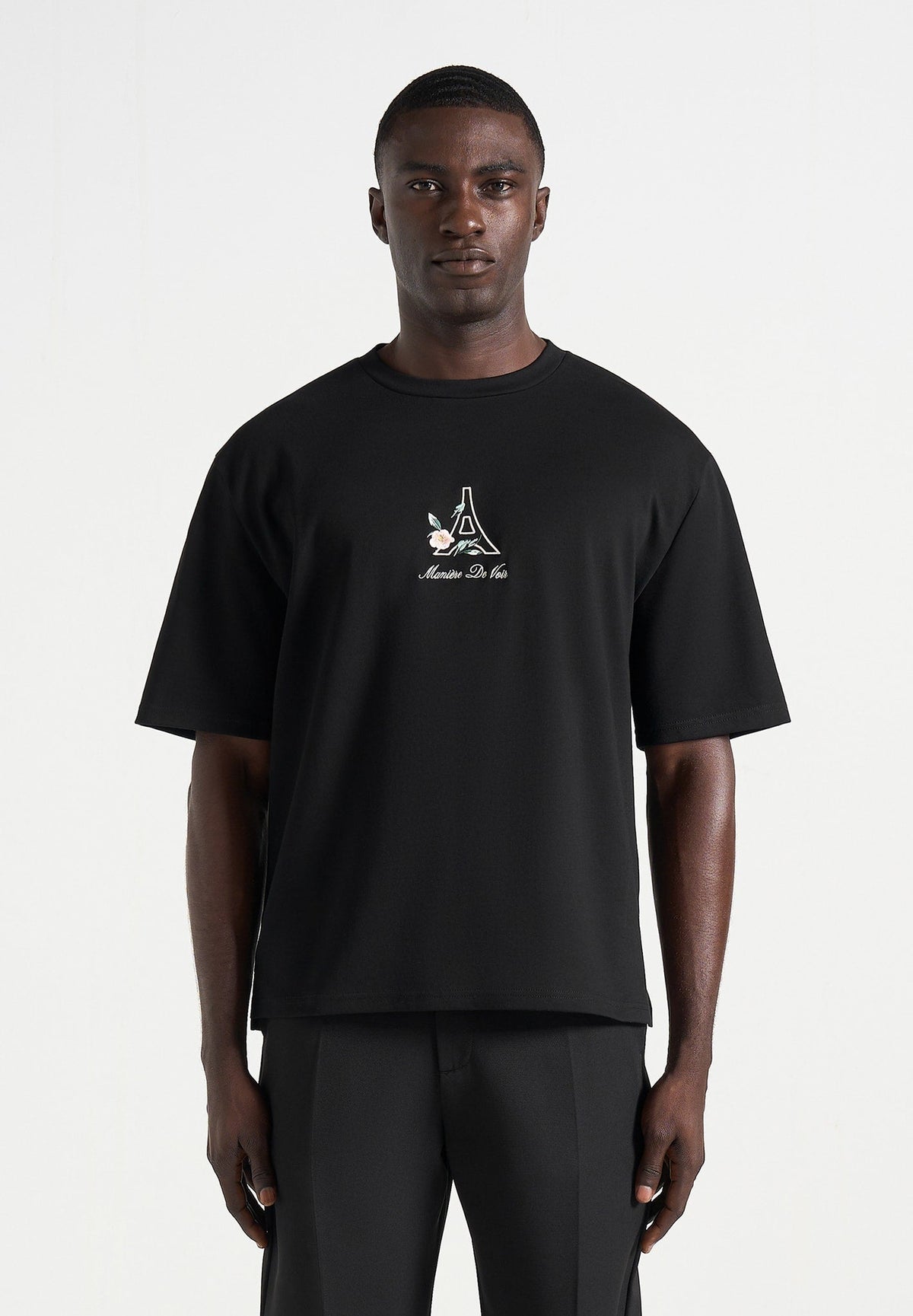 TS008 - Unisex Floral Eiffel Cotton T-Shirt - Black