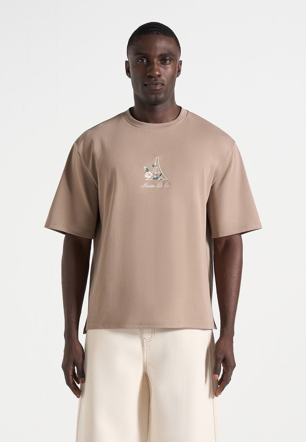 TS008 - Unisex Floral Eiffel Cotton T-Shirt - Taupe
