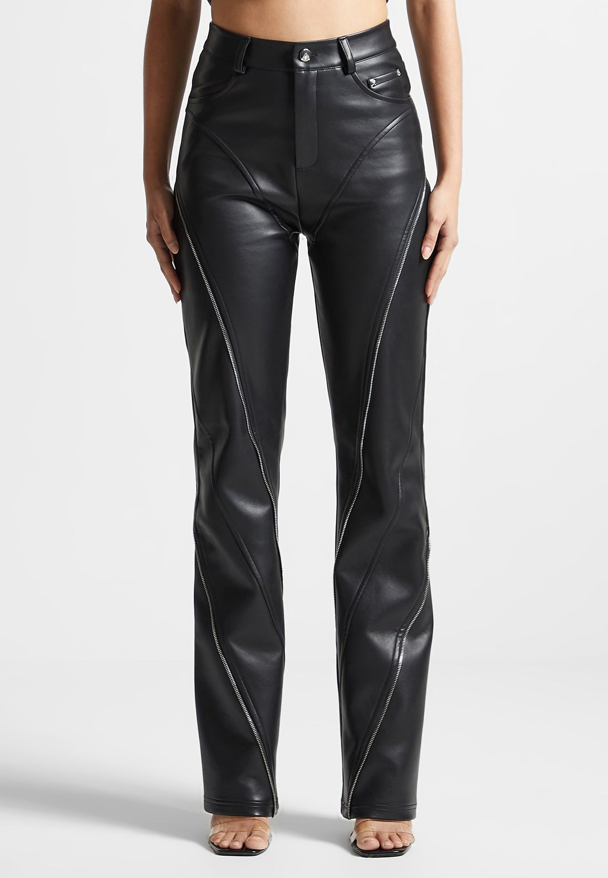 Leather Biker Pants with Zip - Black