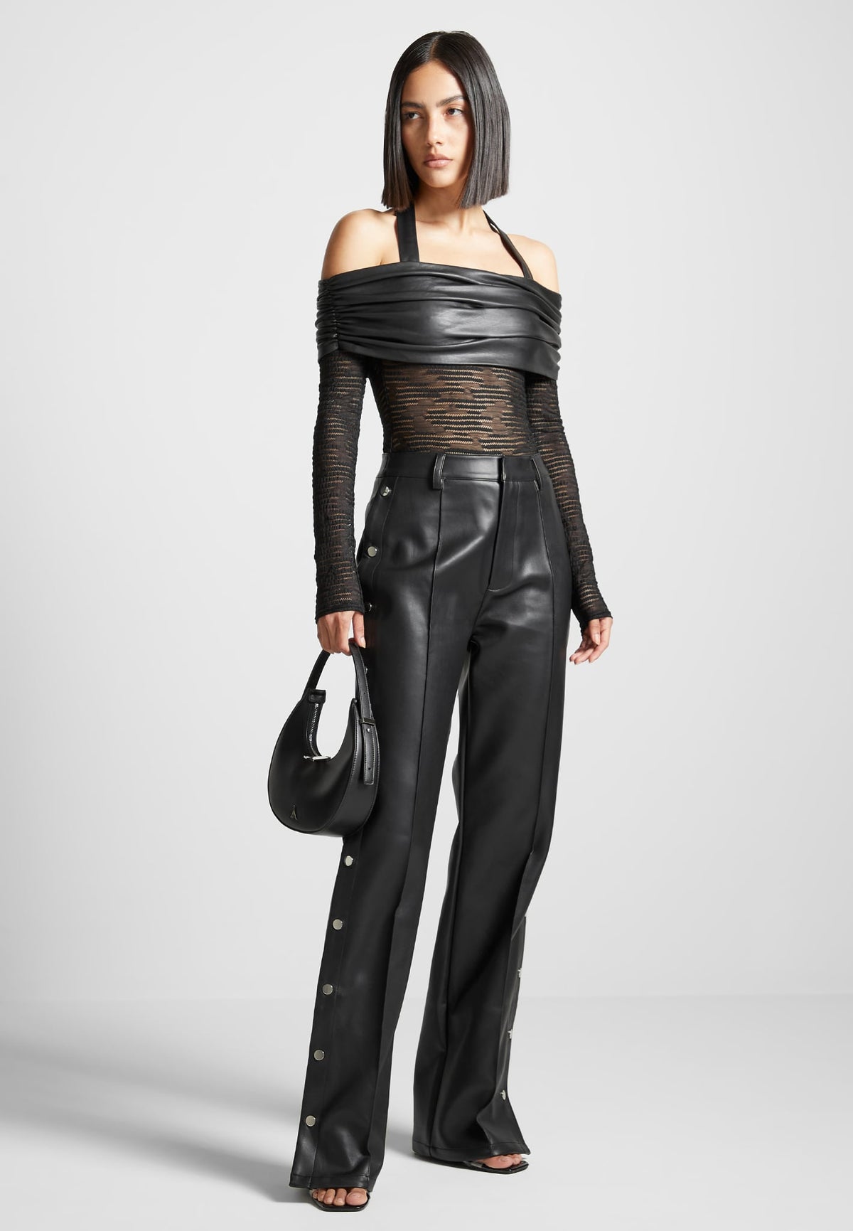 Leather Pintuck Popper Pants - Black