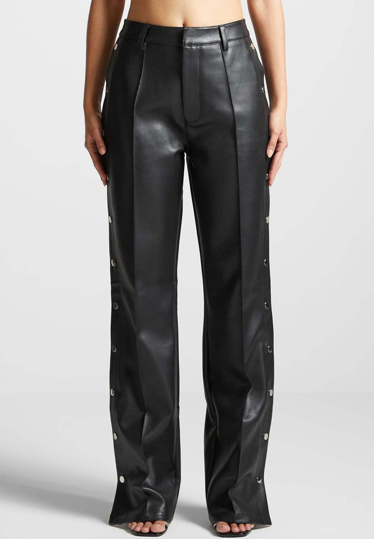 Leather Pintuck Popper Pants - Black