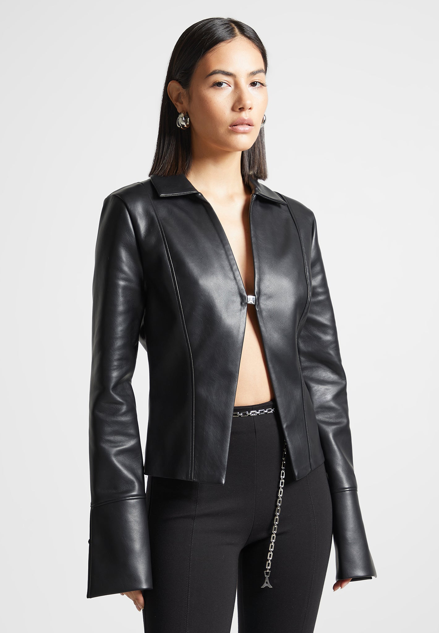 Vegan Leather Shirt with Clasp - Black