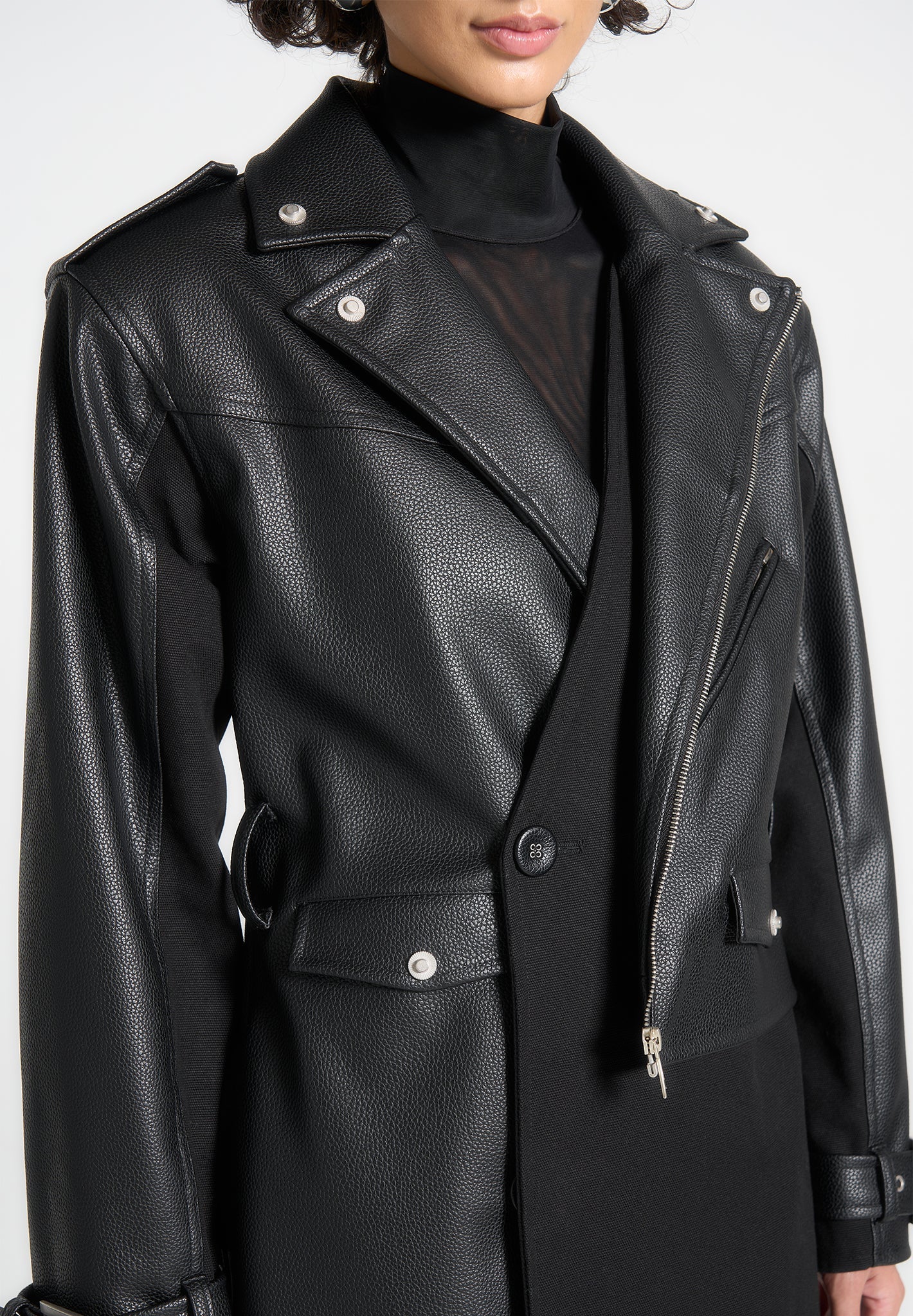 Ayleen - Leather Biker Trench Coat - Black