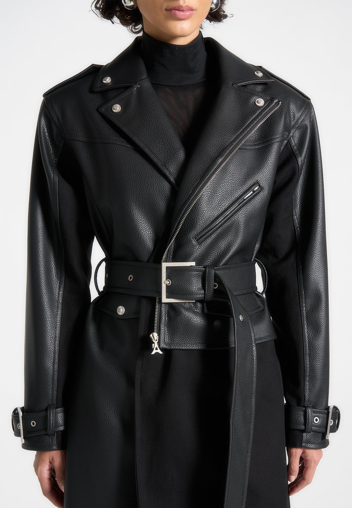 Ayleen - Leather Biker Trench Coat - Black