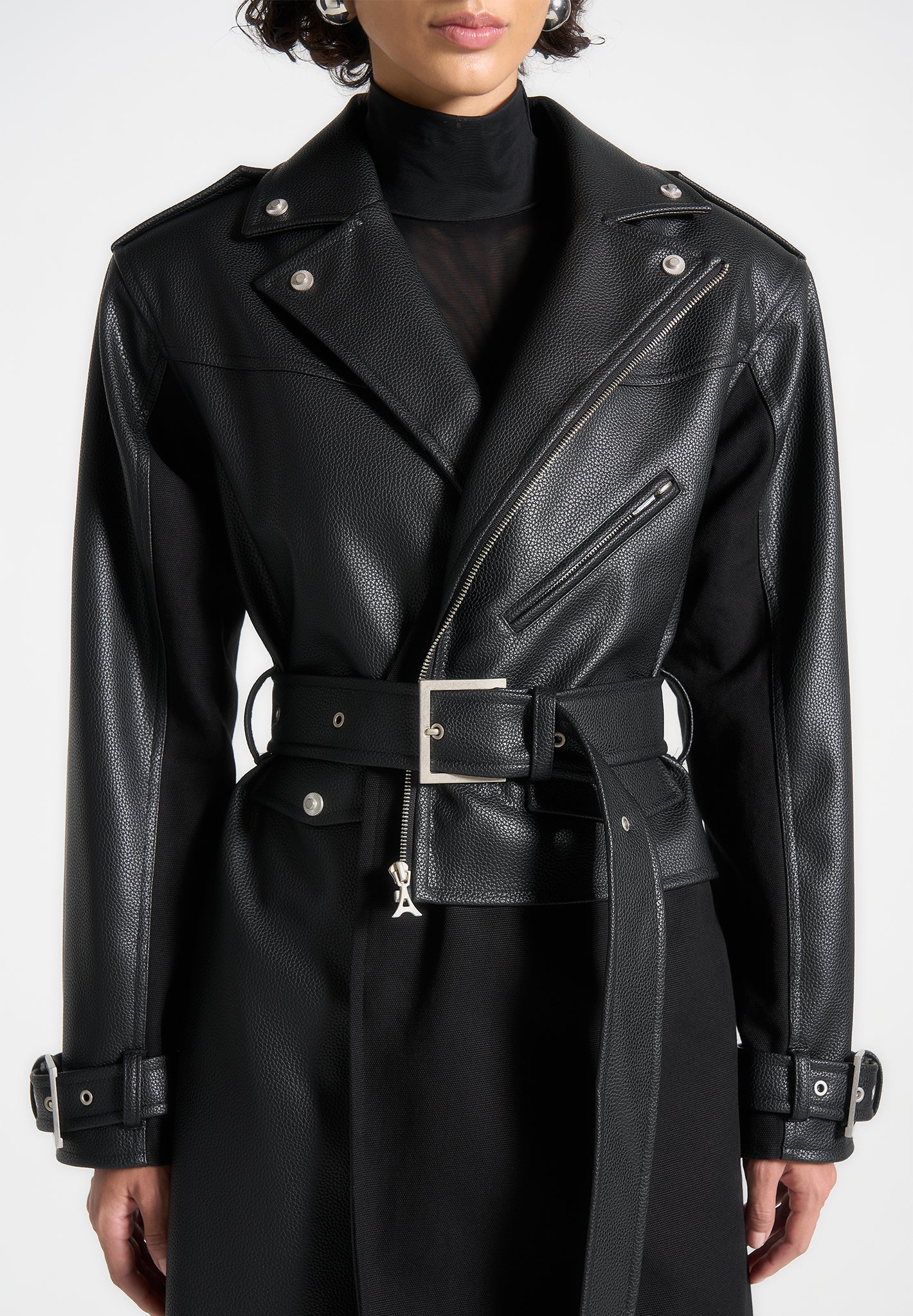 Ayleen - Leather Biker Trench Coat - Black 