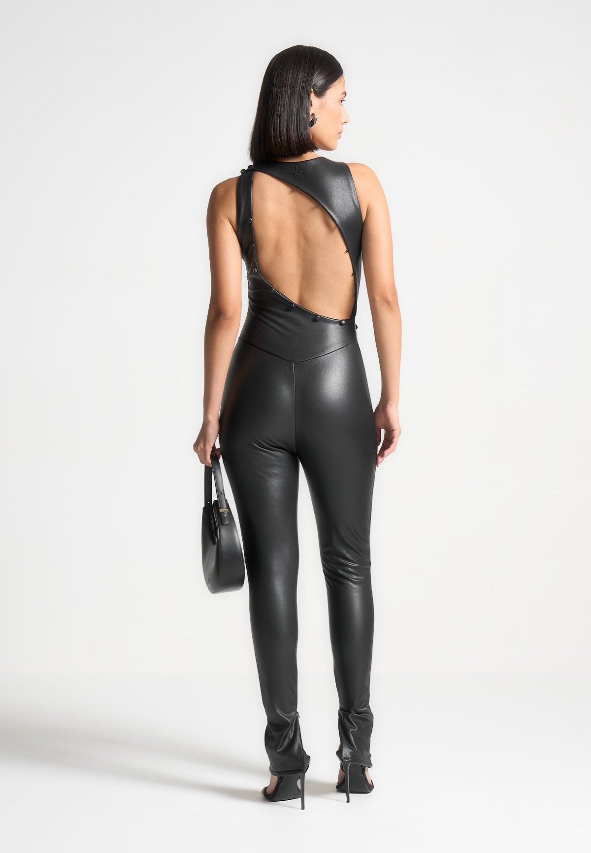 Leather Cut Out Button Detail Jumpsuit - Black