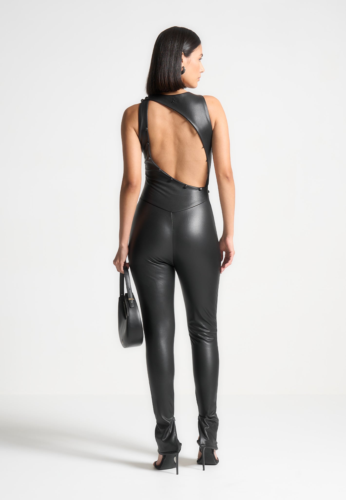 Leather Cut Out Button Detail Jumpsuit - Black
