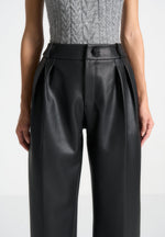 Olivia - Pebbled Leather Pleated Stacked Pants - Black