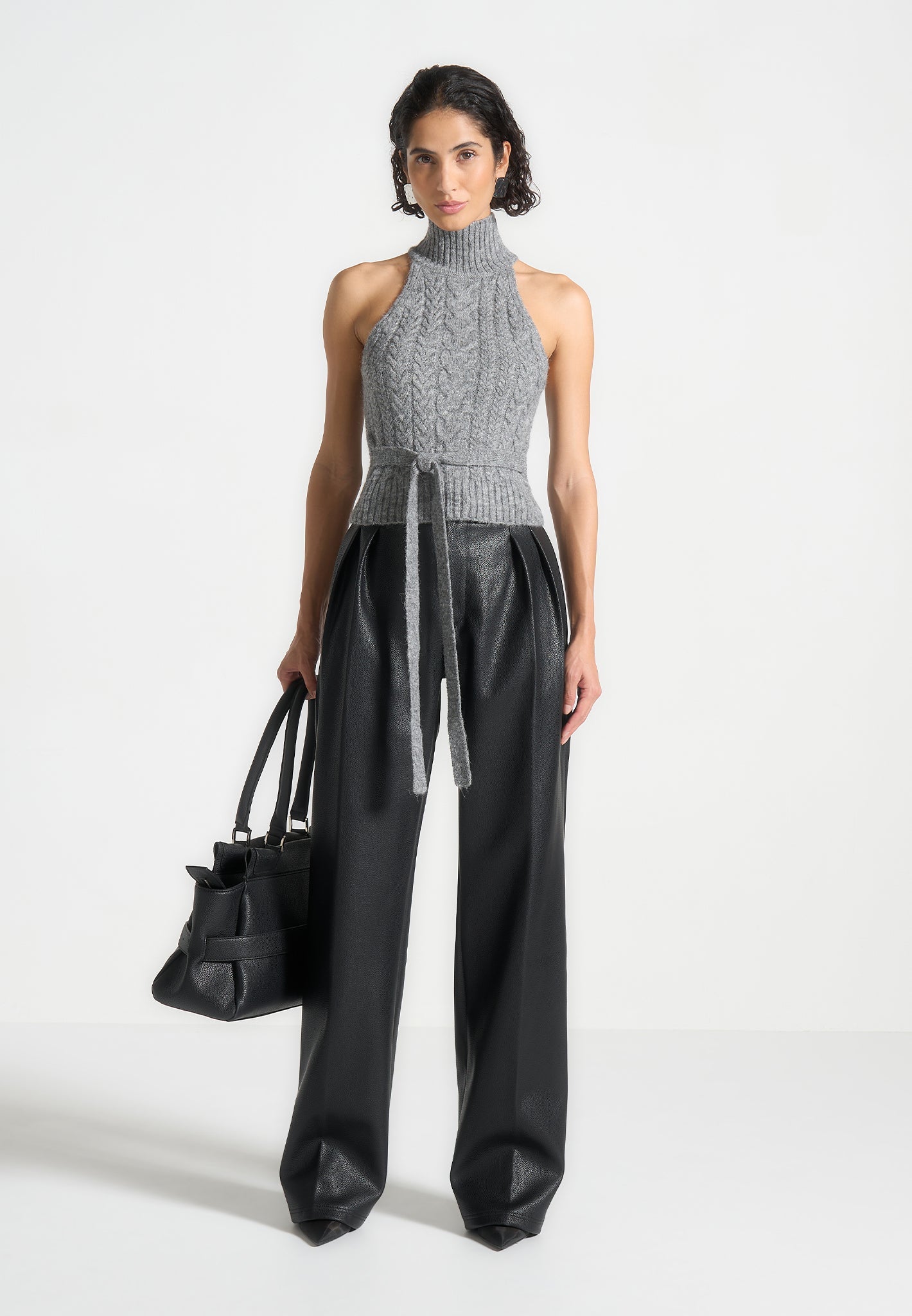 Olivia - Pebbled Leather Pleated Stacked Pants - Black