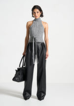 Olivia - Pebbled Leather Pleated Stacked Pants - Black