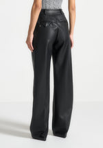 Olivia - Pebbled Leather Pleated Stacked Pants - Black