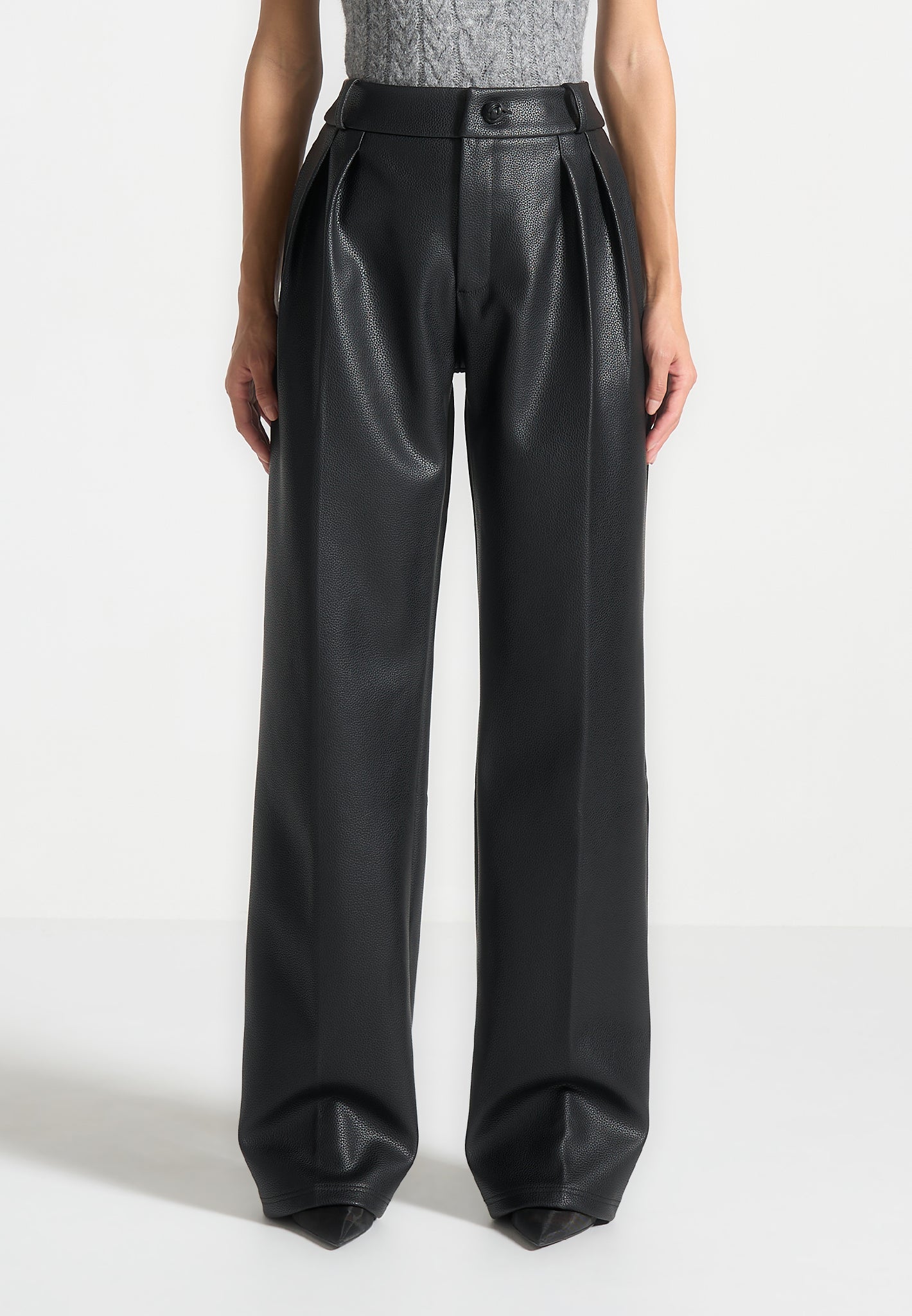 Olivia - Pebbled Leather Pleated Stacked Pants - Black