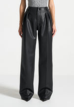 Olivia - Pebbled Leather Pleated Stacked Pants - Black