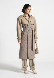 Carina - Herringbone Wool & Vegan Leather Trench Coat - Taupe