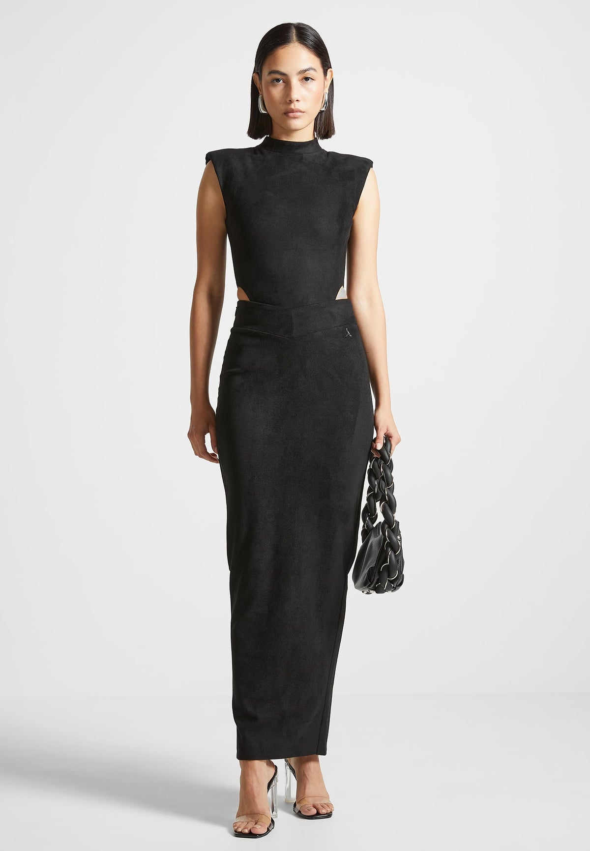 Suede Wide Shoulder High Leg Bodysuit - Black