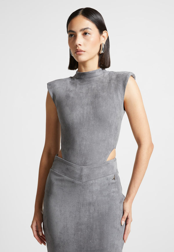 Suede Wide Shoulder High Leg Bodysuit - Light Grey
