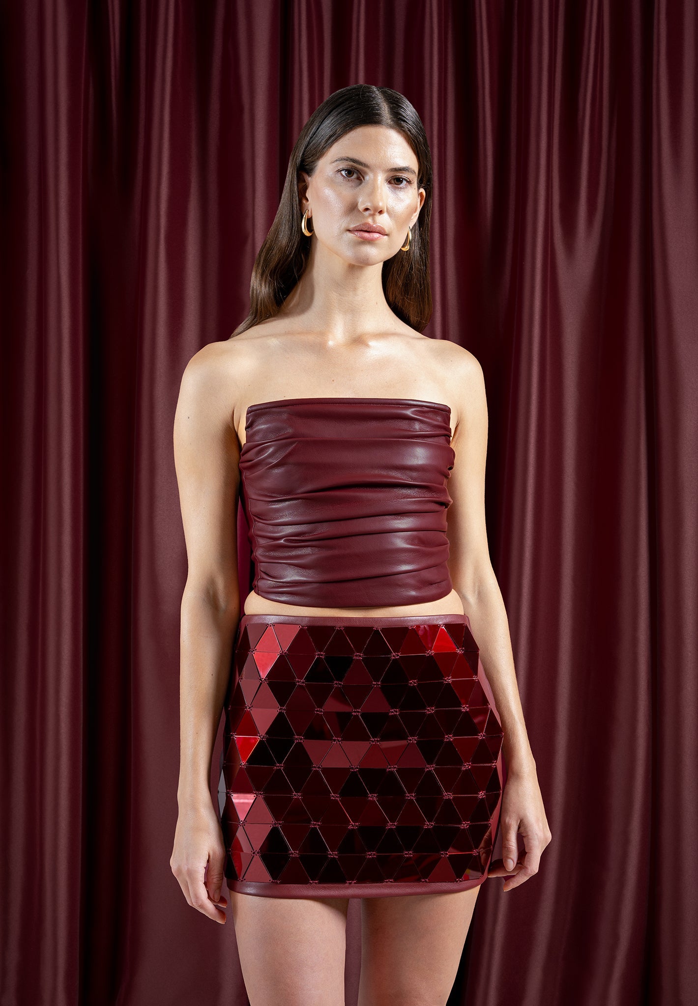 Vegan Leather Mirrored Mini Skirt - Wine Red