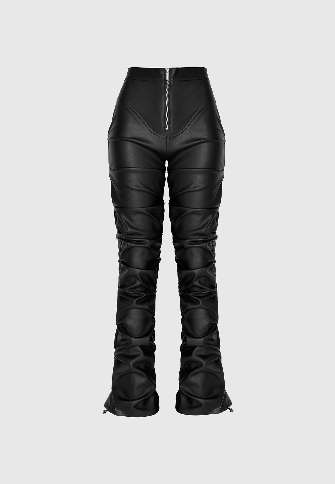 tacked-vegan-leather-flared-trousers-black