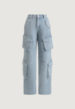 Anne - High Waisted Boucle Denim Cargo Pants - Mid Blue