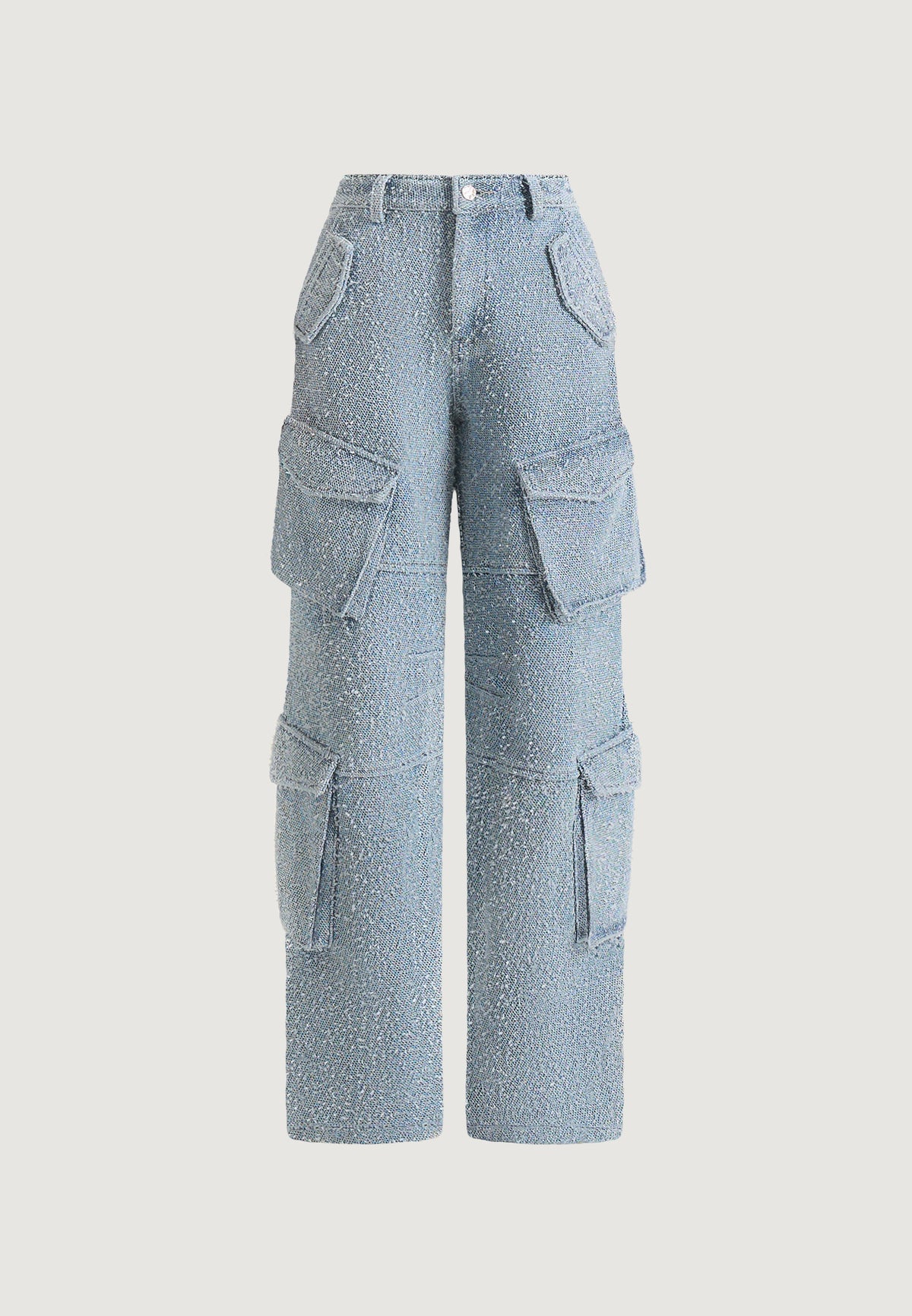 Anne - High Waisted Boucle Denim Cargo Pants - Mid Blue