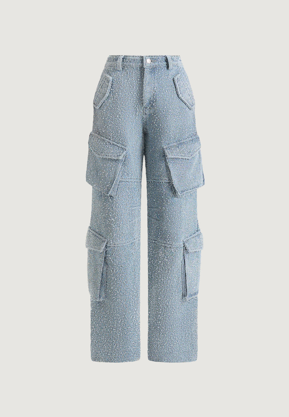 Anne - High Waisted Boucle Denim Cargo Pants - Mid Blue