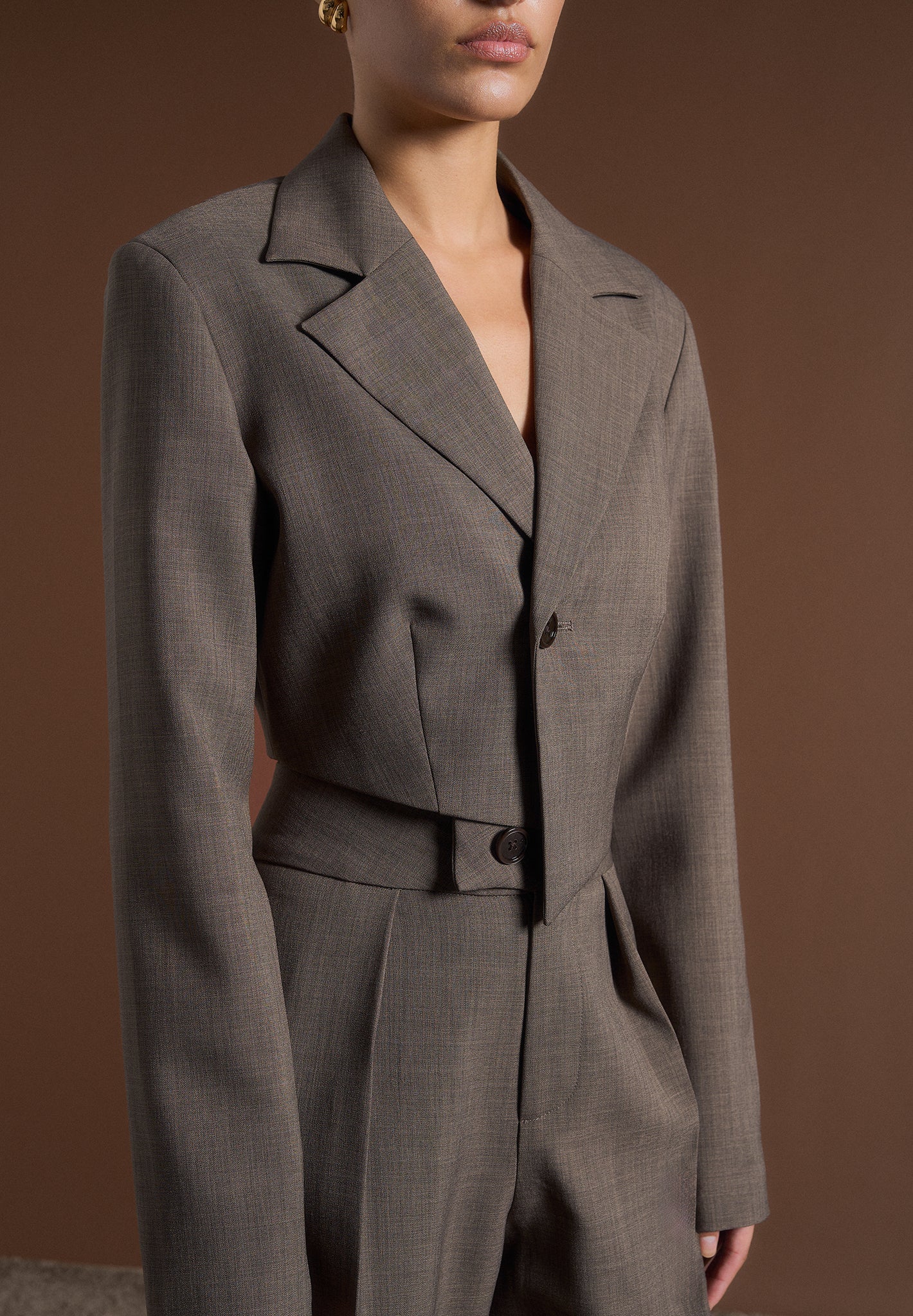 Dina - Asymmetric Tailored Cropped Blazer - Dark Taupe
