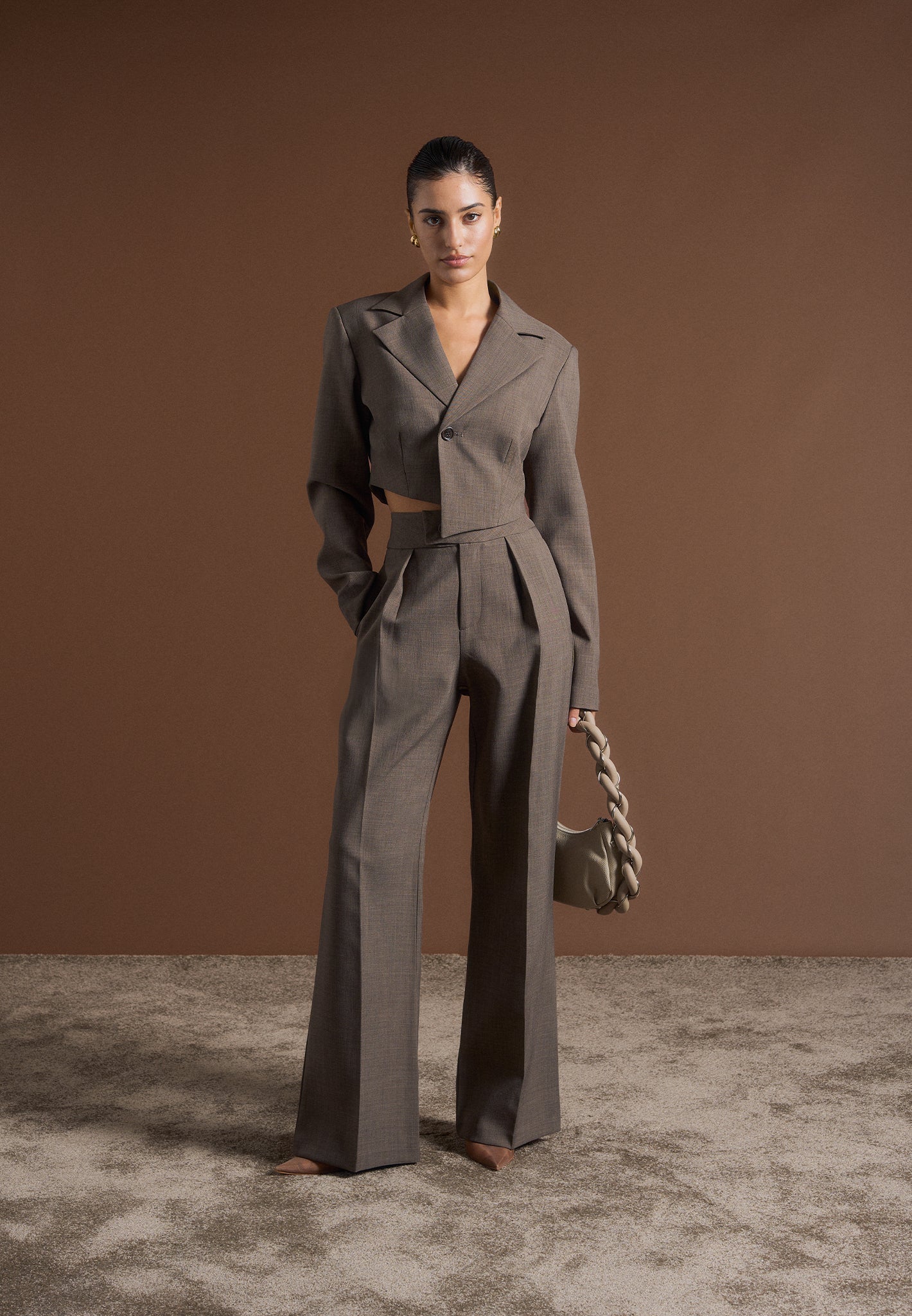 Dina - Asymmetric Tailored Cropped Blazer - Dark Taupe