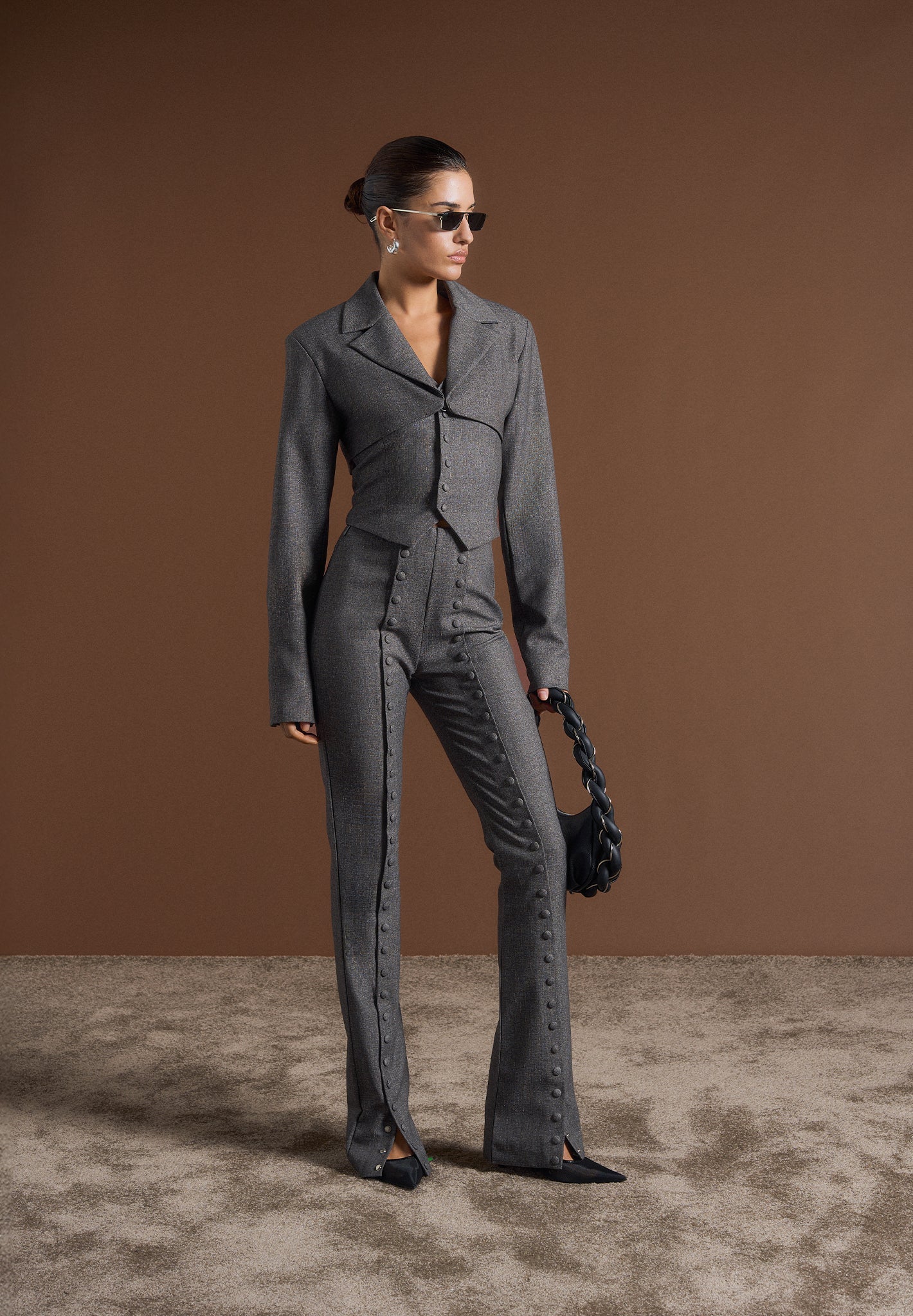 Therese - Tailored Button Detail Pants - Dark Grey