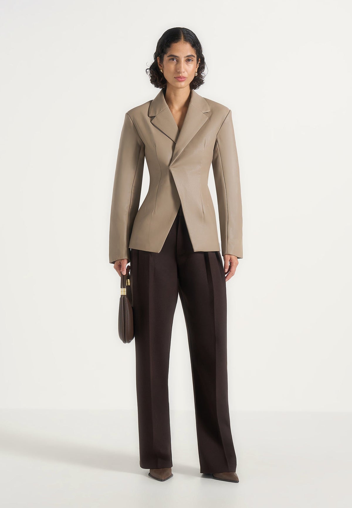 Beatrice - Leather Double Breasted Hourglass Blazer - Taupe