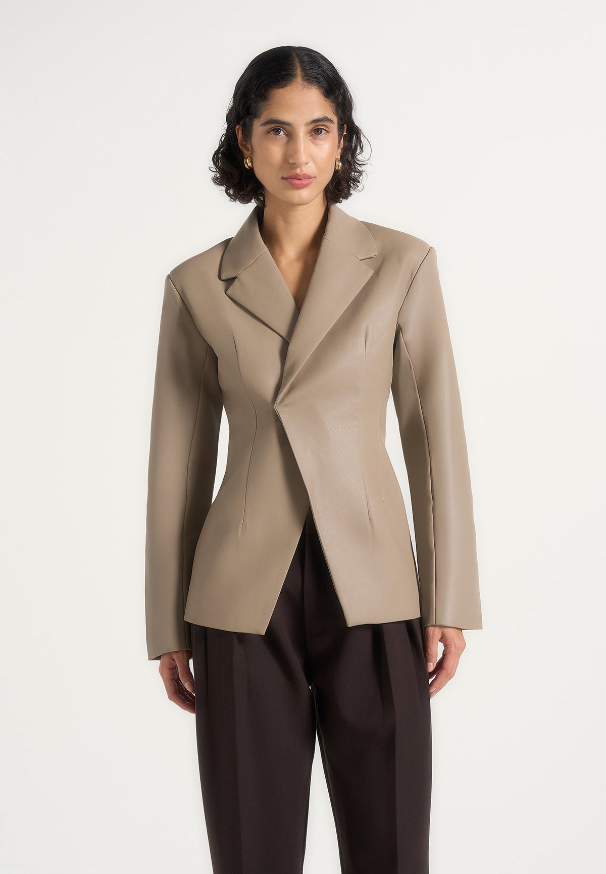 Beatrice - Leather Double Breasted Hourglass Blazer - Taupe