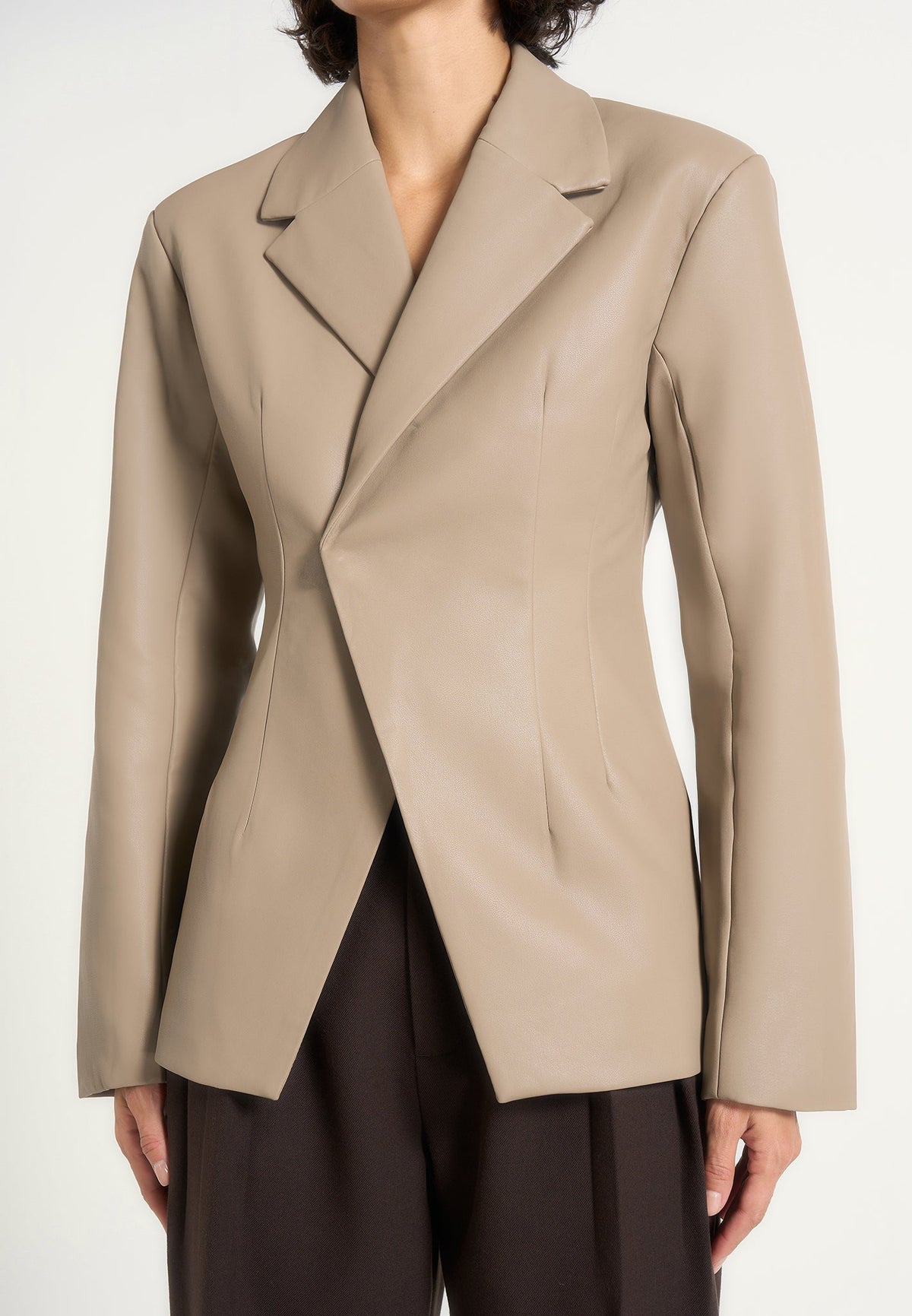 Beatrice - Leather Double Breasted Hourglass Blazer - Taupe
