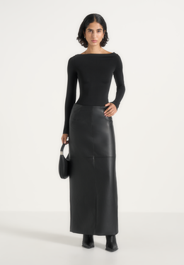 Stevie - Smooth Leather Maxi Skirt - Black