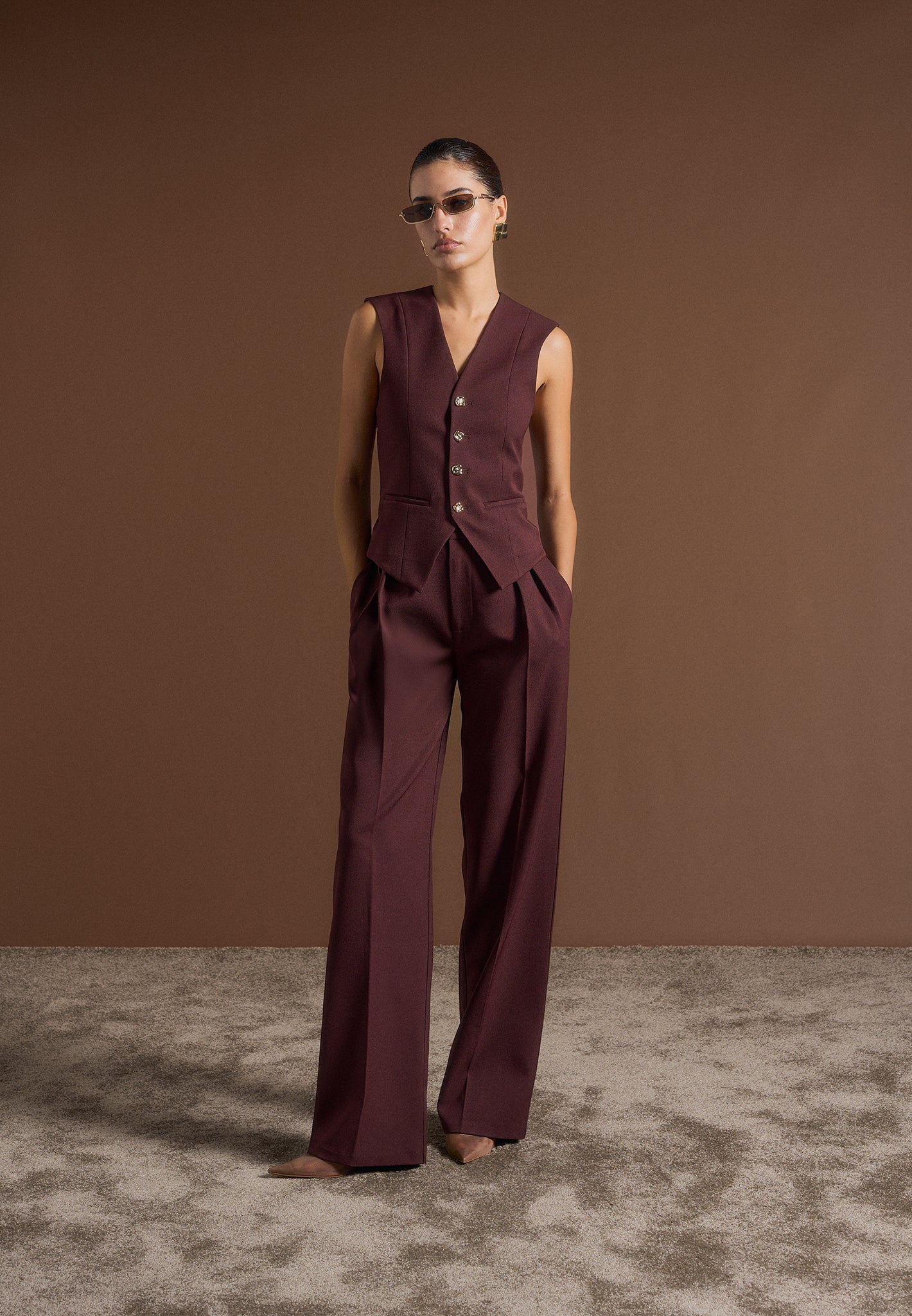 Julie - Tailored Twin Pleat Pants - Wine Red