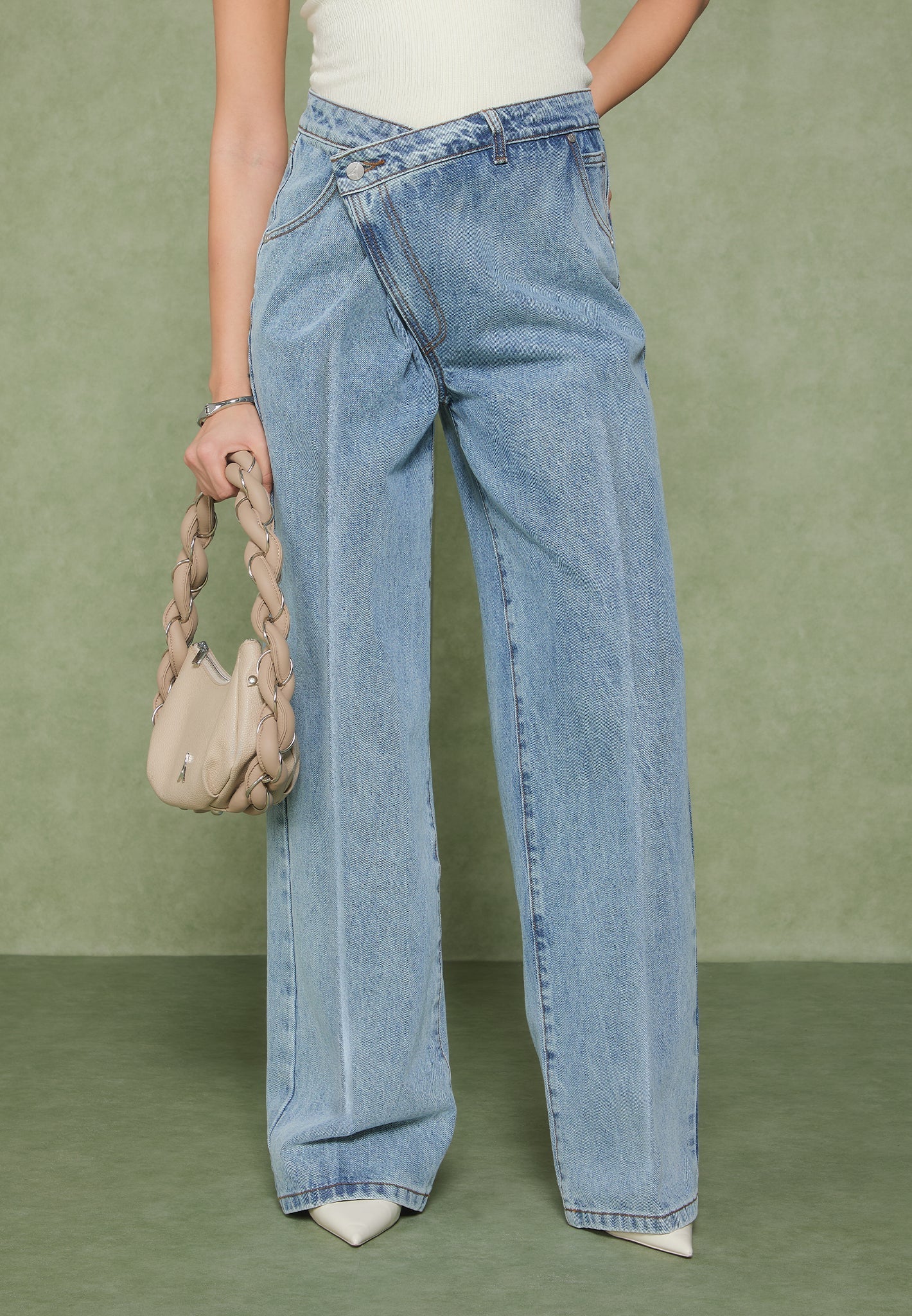 Astrid - Wrapover Wide Leg Denim Jeans - Mid Blue