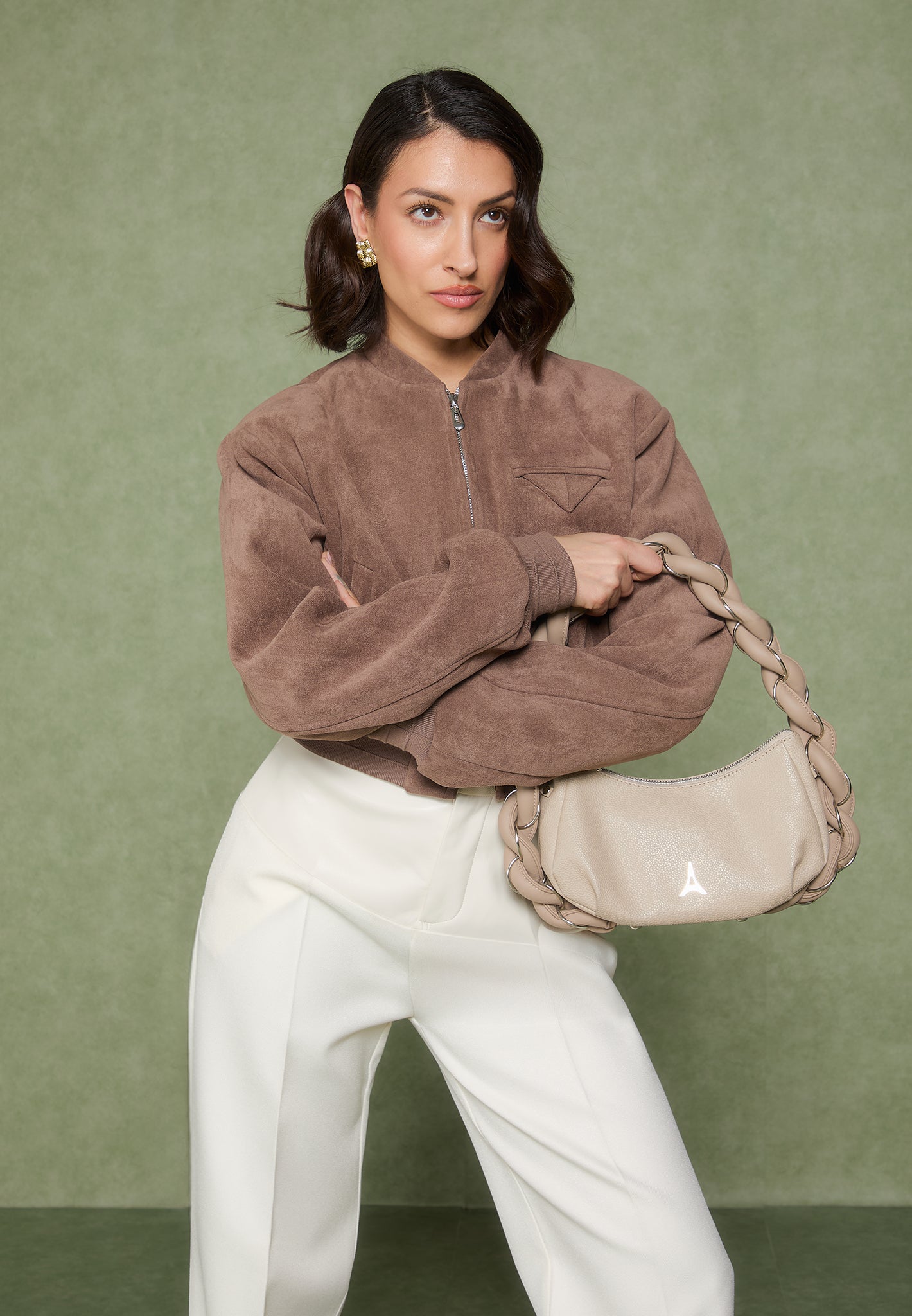 Monique - Suede Wide Shoulder Bomber Jacket - Taupe