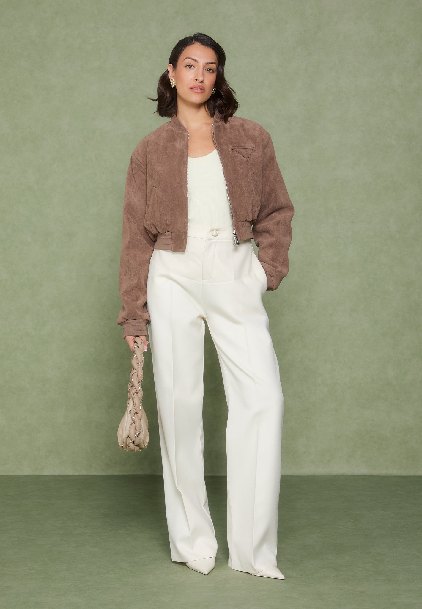 Monique - Suede Wide Shoulder Bomber Jacket - Taupe