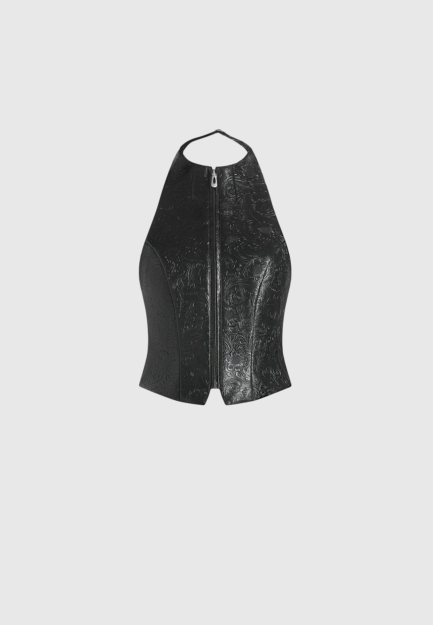 claudette-embossed-leather-halterneck-backless-top-black