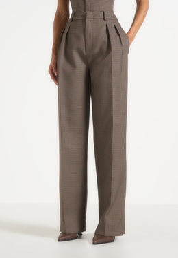 Julie - Houndstooth Twin Pleat Pants - Brown