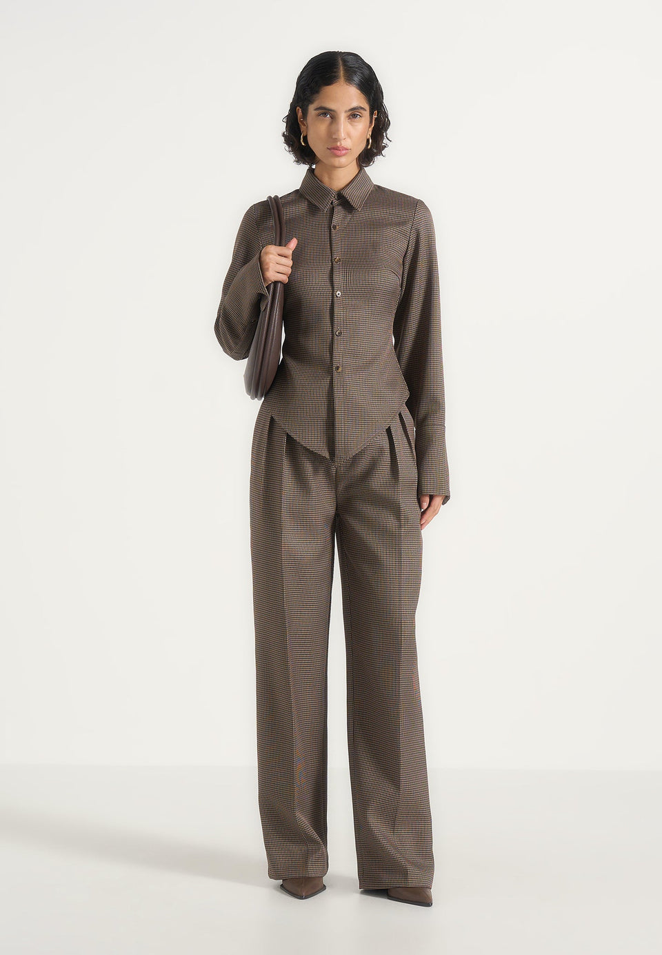 Julie - Houndstooth Twin Pleat Pants - Brown