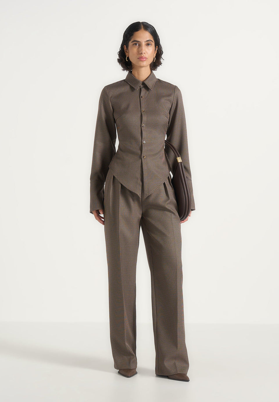 Sonia - Houndstooth Cinch Shirt - Brown