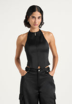 Claudette - Satin Halter Neck Backless Top - Black