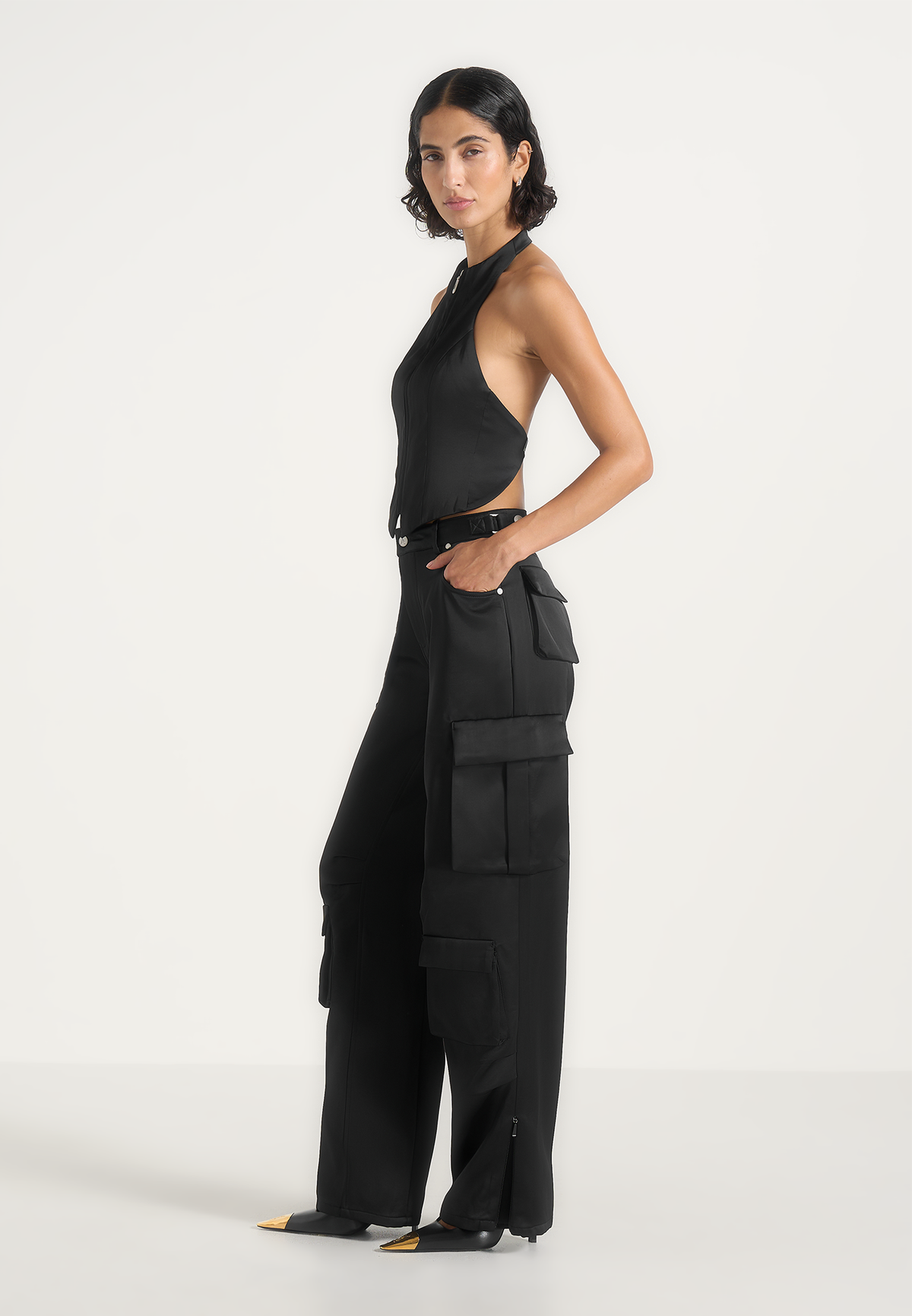 Emilie - Satin High Waisted Cargo Pants - Black