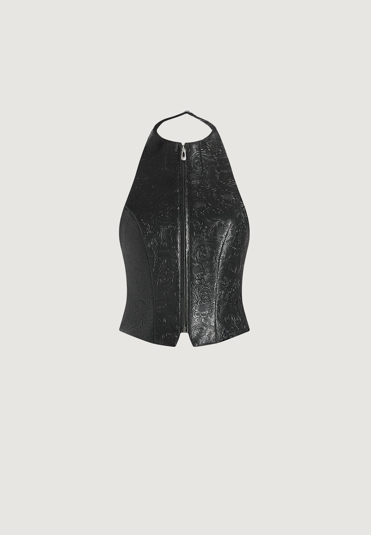 claudette-embossed-leather-halter-neck-backless-top-black