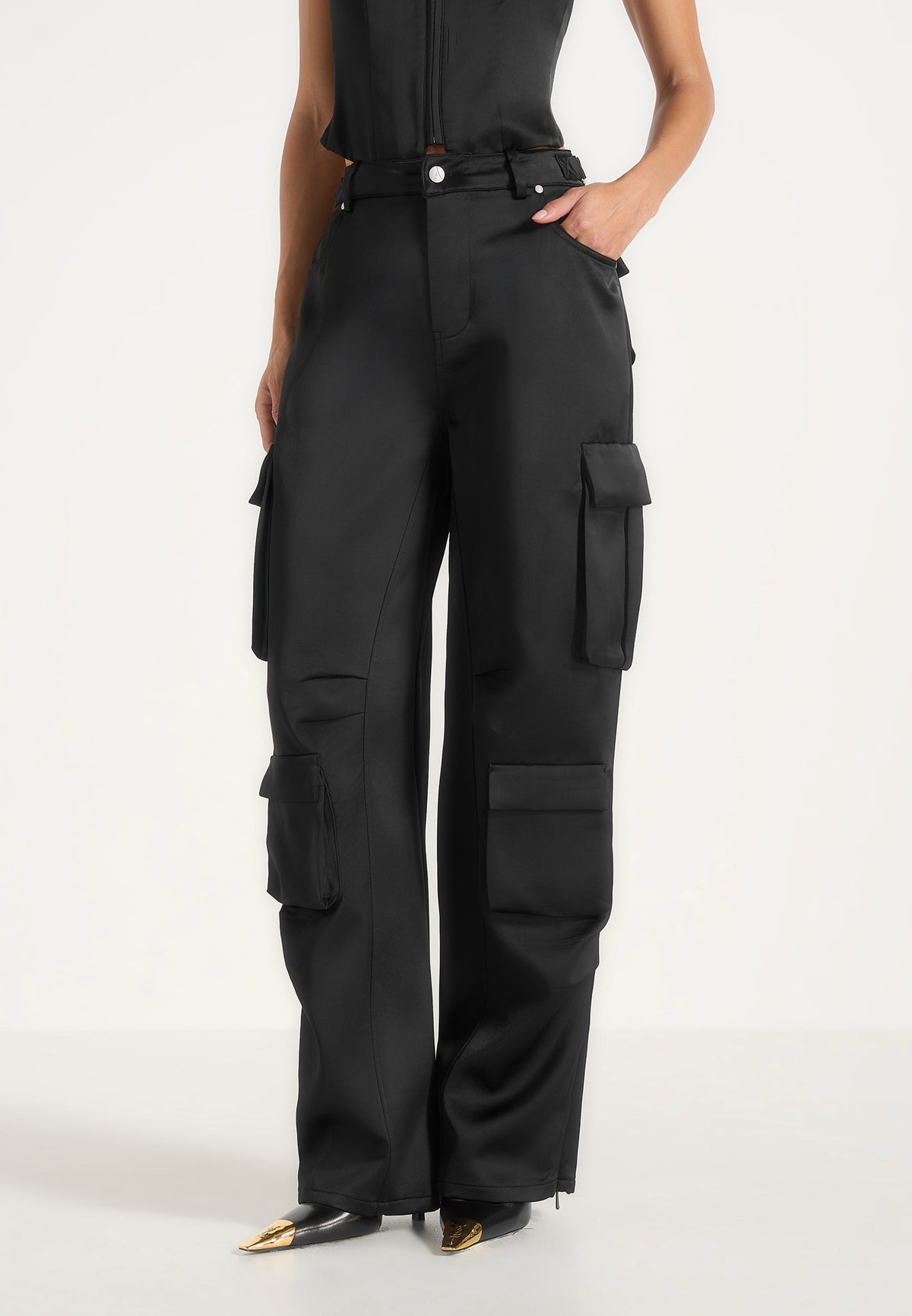 Emilie - Satin High Waisted Cargo Pants - Black