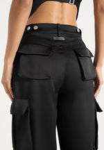 Emilie - Satin High Waisted Cargo Pants - Black