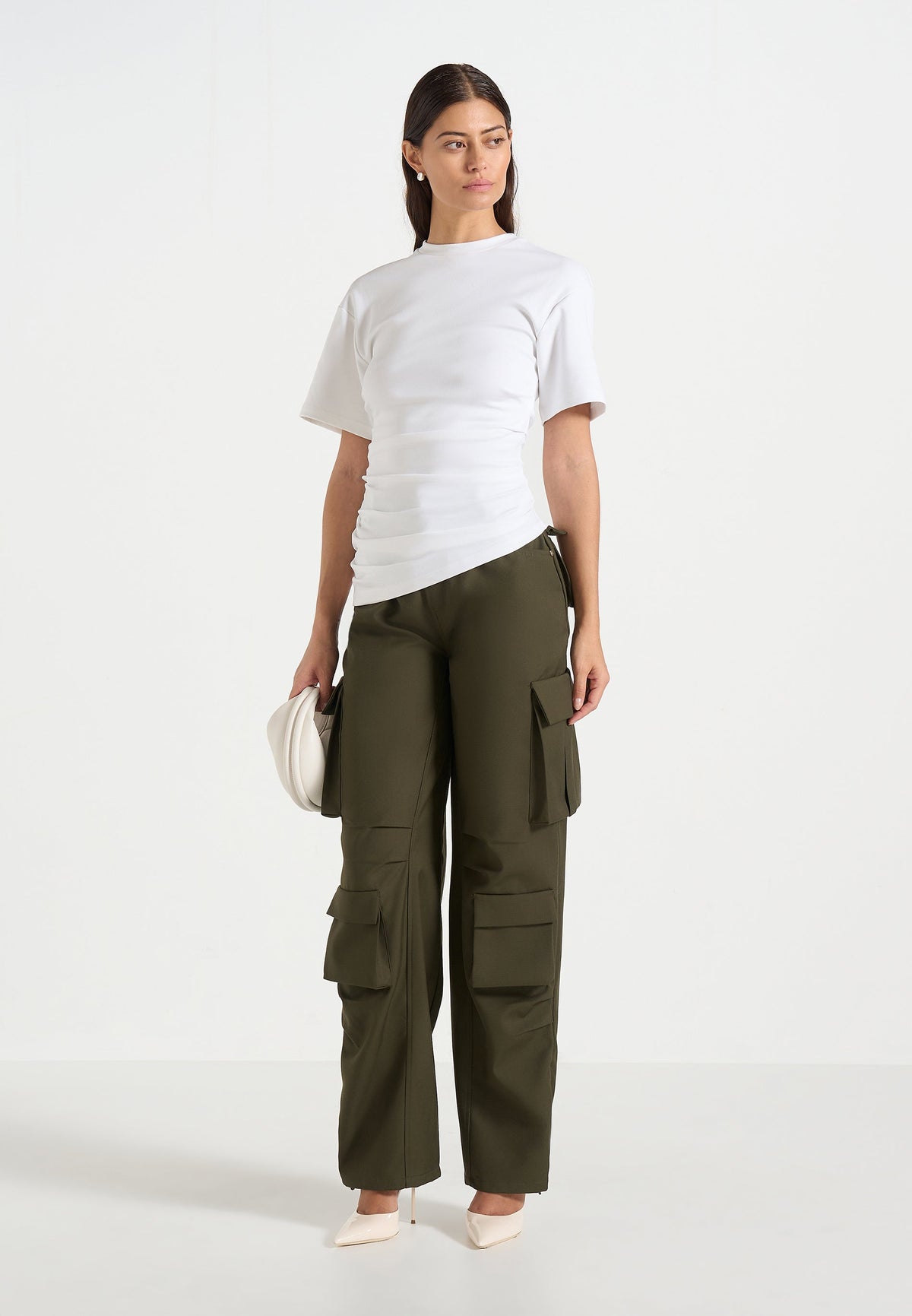 Emilie - High Waisted Twill Cargo Pants - Olive