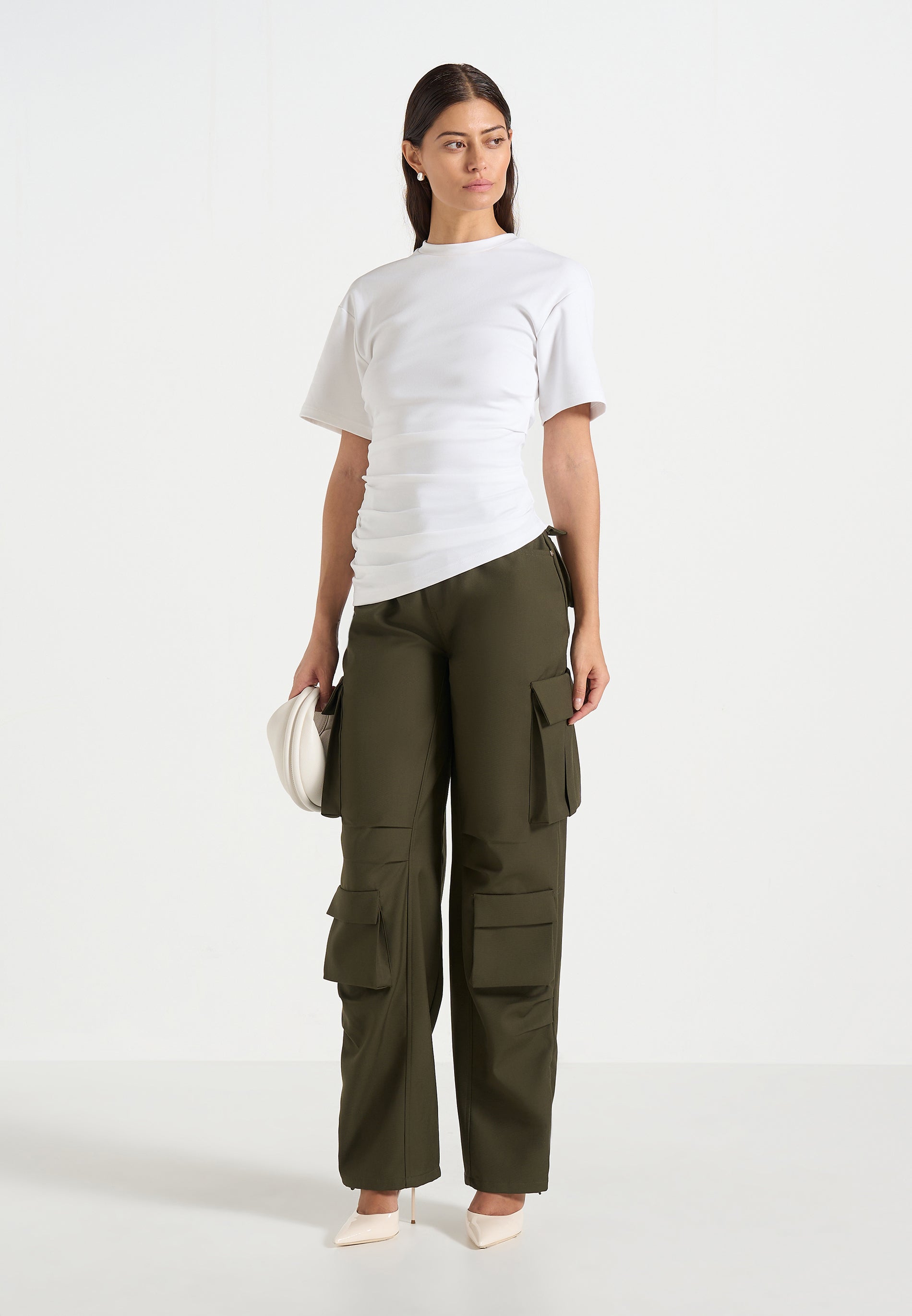 Emilie - High Waisted Twill Cargo Pants - Olive 