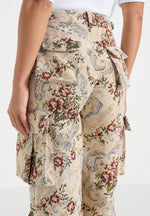 Emilie - High Waisted Tapestry Cargo Pants - Beige