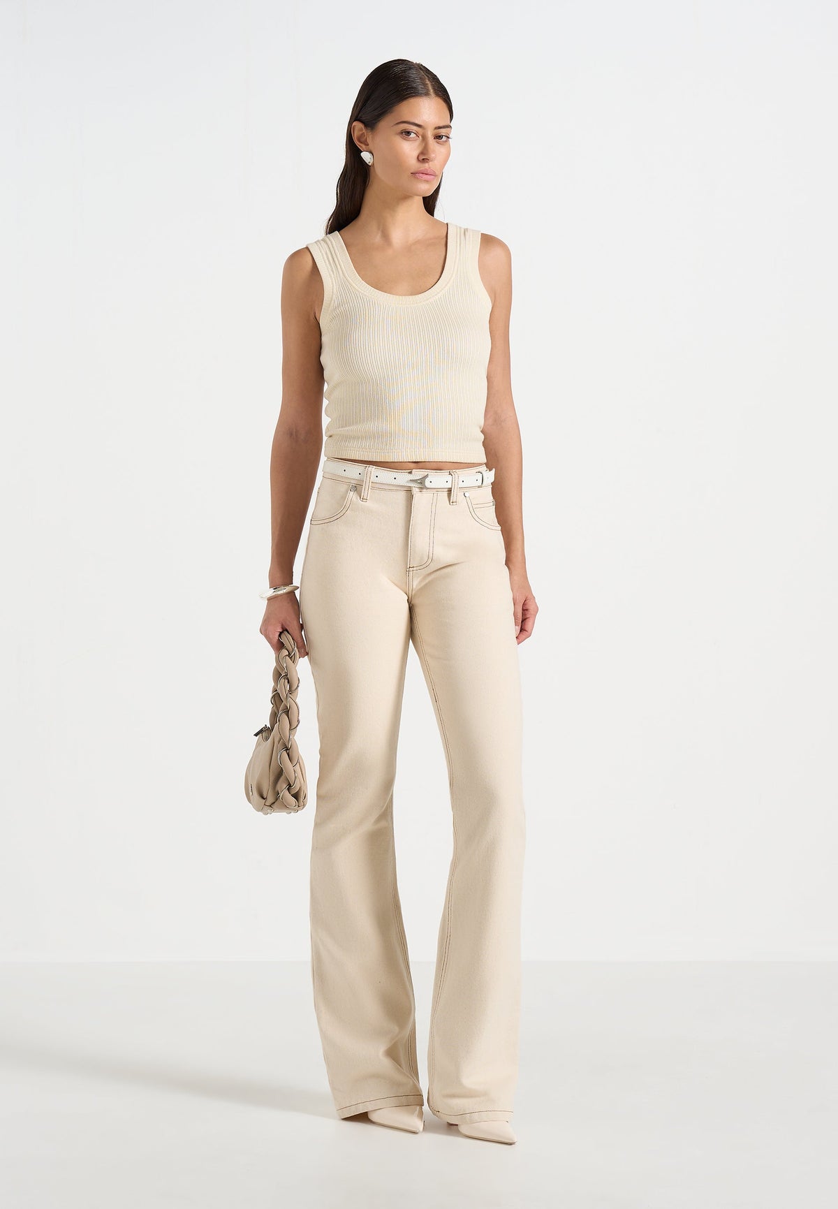 Abbie - Stacked Fit And Flare Jeans - Cream