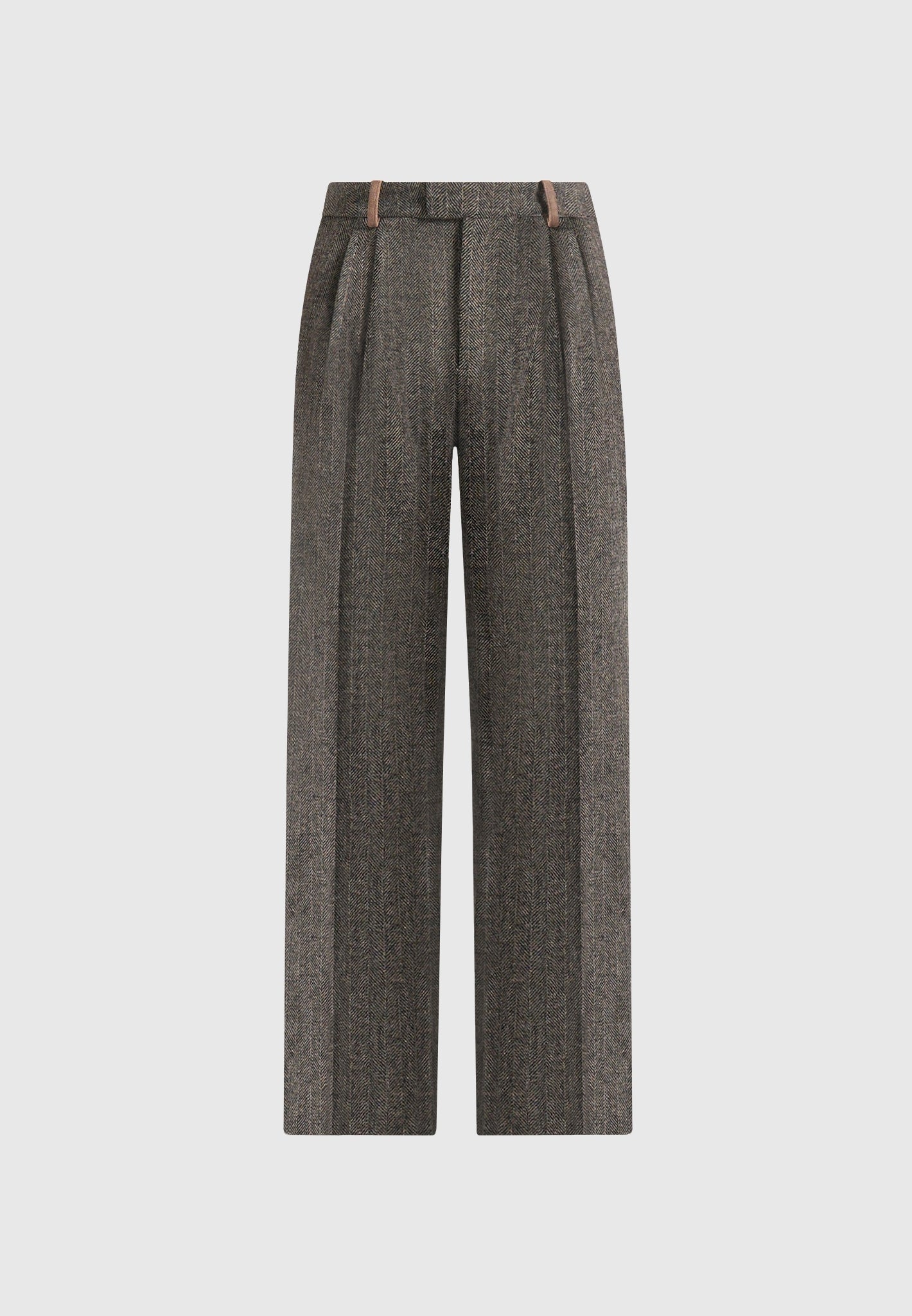 Julie - Herringbone Wool Twin Pleat Pants - Grey